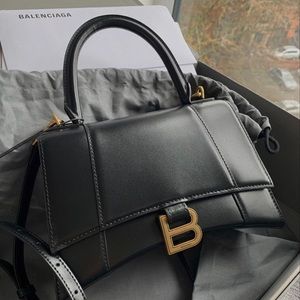 Balenciaga Top Handle Hourglass Small In Black Calfskin Leather Cross Body Bag